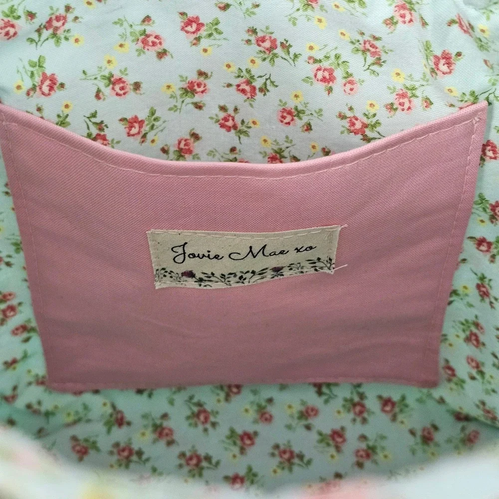 Jovie Mae XO Blush Garden Floral Drawstring Tote Bag Cottagecore Handmade